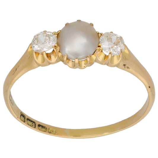 18ct Gold Cultured Pearl & 0.50ct Diamond Trilogy Ring Antique & Vintage Size W