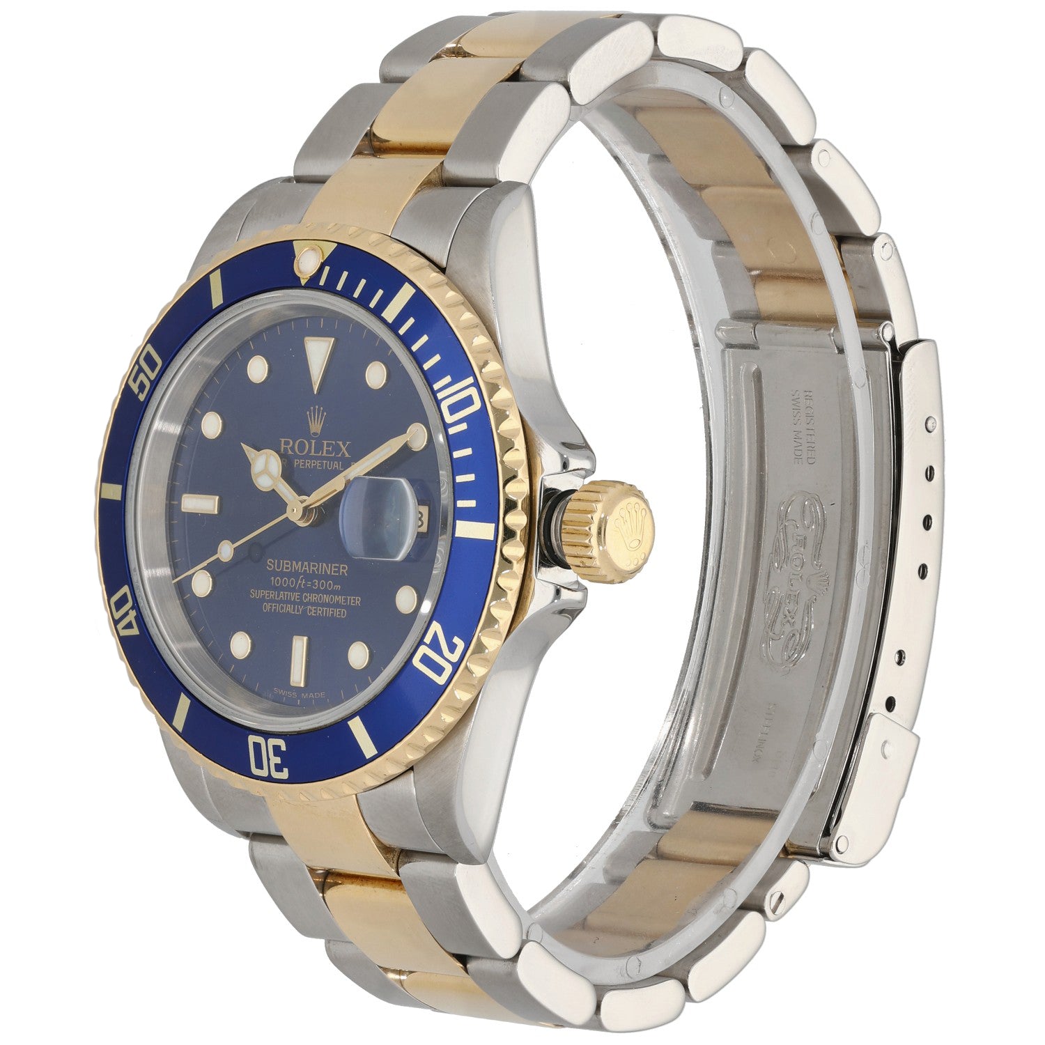 Rolex Submariner 16613 bi-colour watch angled view, blue dial with gold accents, steel and gold bezel
