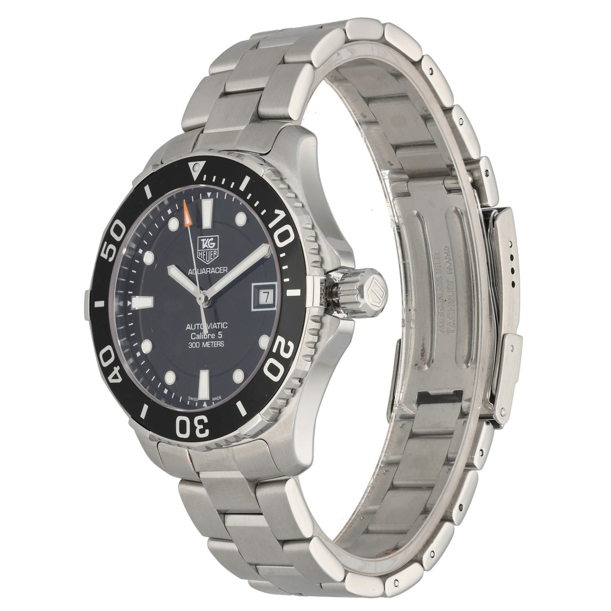 Tag Heuer Aquaracer WAN2110, black dialed Swiss watch on a stainless steel bracelet and case, front angled image