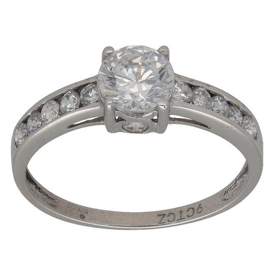 9ct White Gold Cubic Zirconia Single Stone Ring With Accents Size P