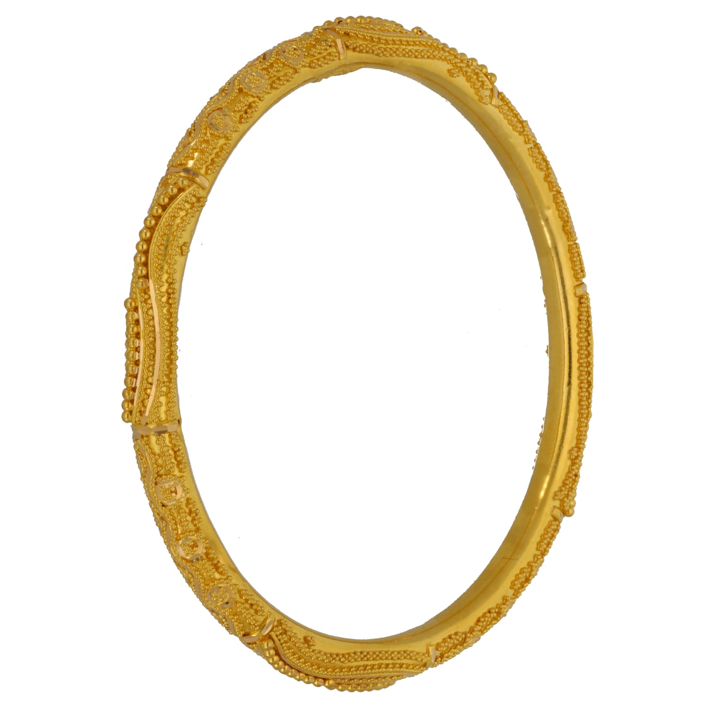 22ct Gold-tone bangle with bead-like border and floral engraved texture