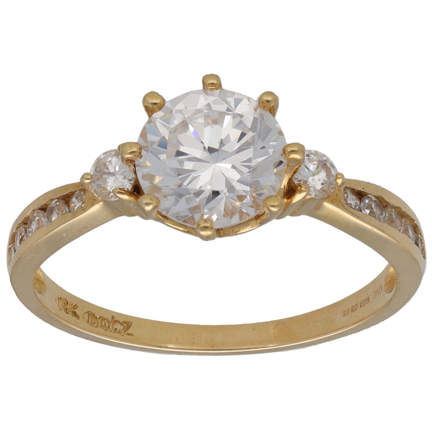 Gold-tone CZ single-stone ring with round center and small halo accents