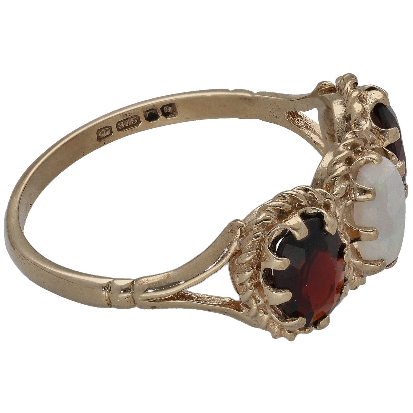 9ct Gold Opal & Garnet Three Stone Ring Size R