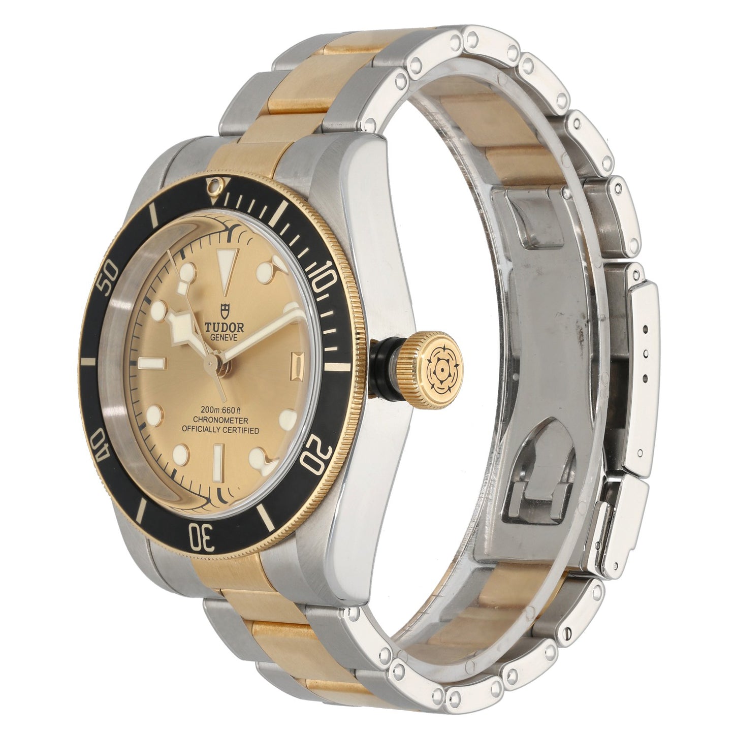 Tudor Heritage Black Bay, champagne dial inside a 41mm stainless steel case, with a gold and steel link bracelet, front angled image
