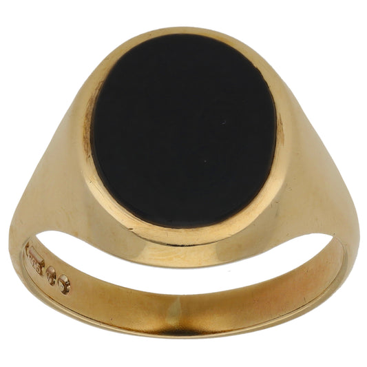 9ct Gold Onyx Patterned Single Stone Signet Ring Size U