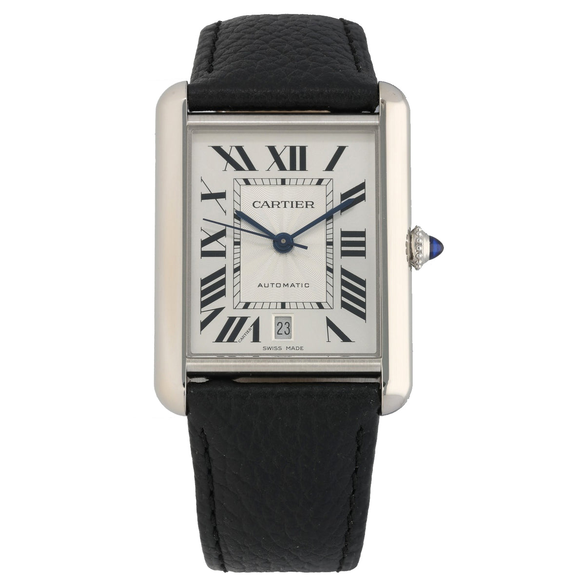 Cartier Tank Solo WSTA0040, white dial, Roman numerals on black leather bracelet