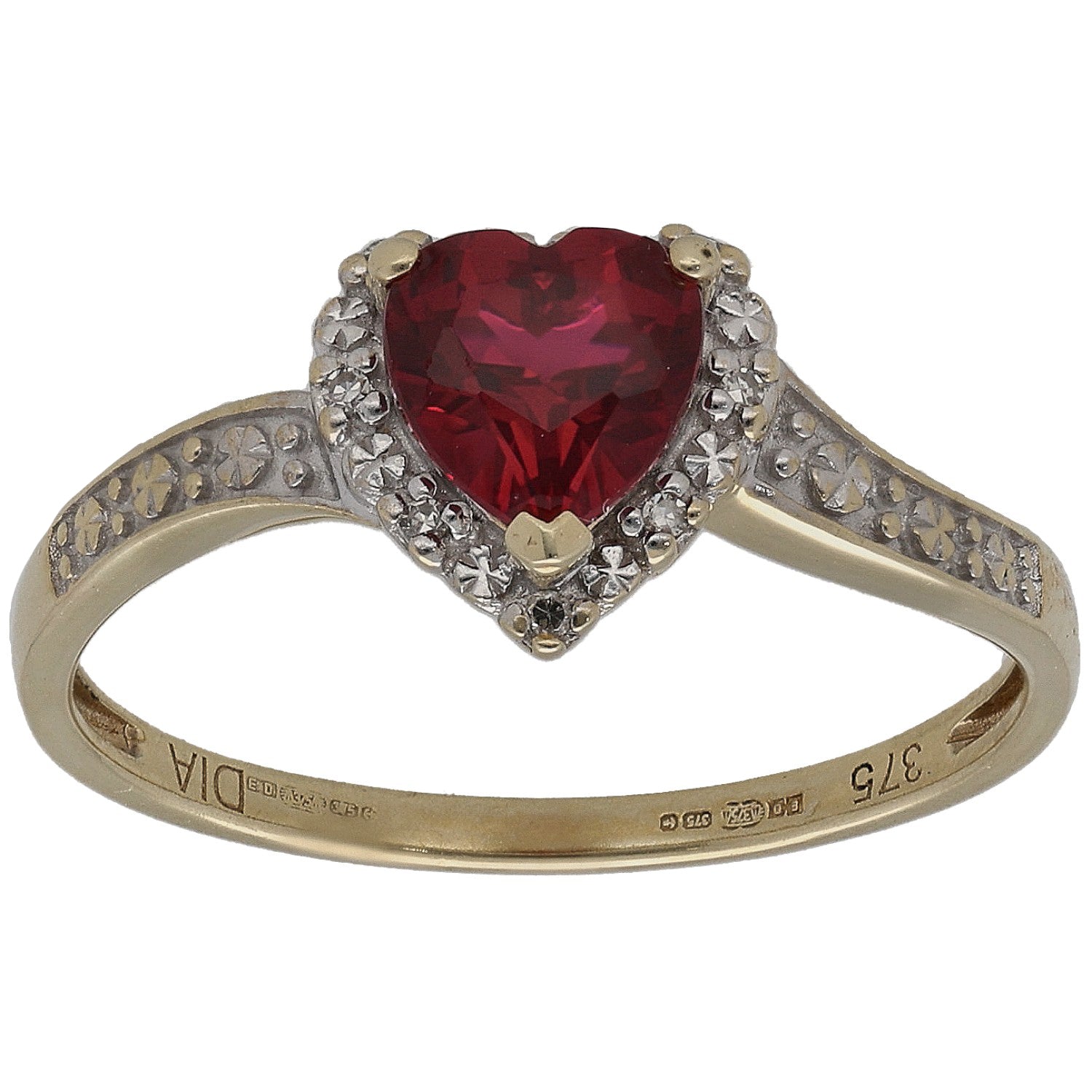 Heart-cut red gemstone solitaire ring in gold with diamond accents