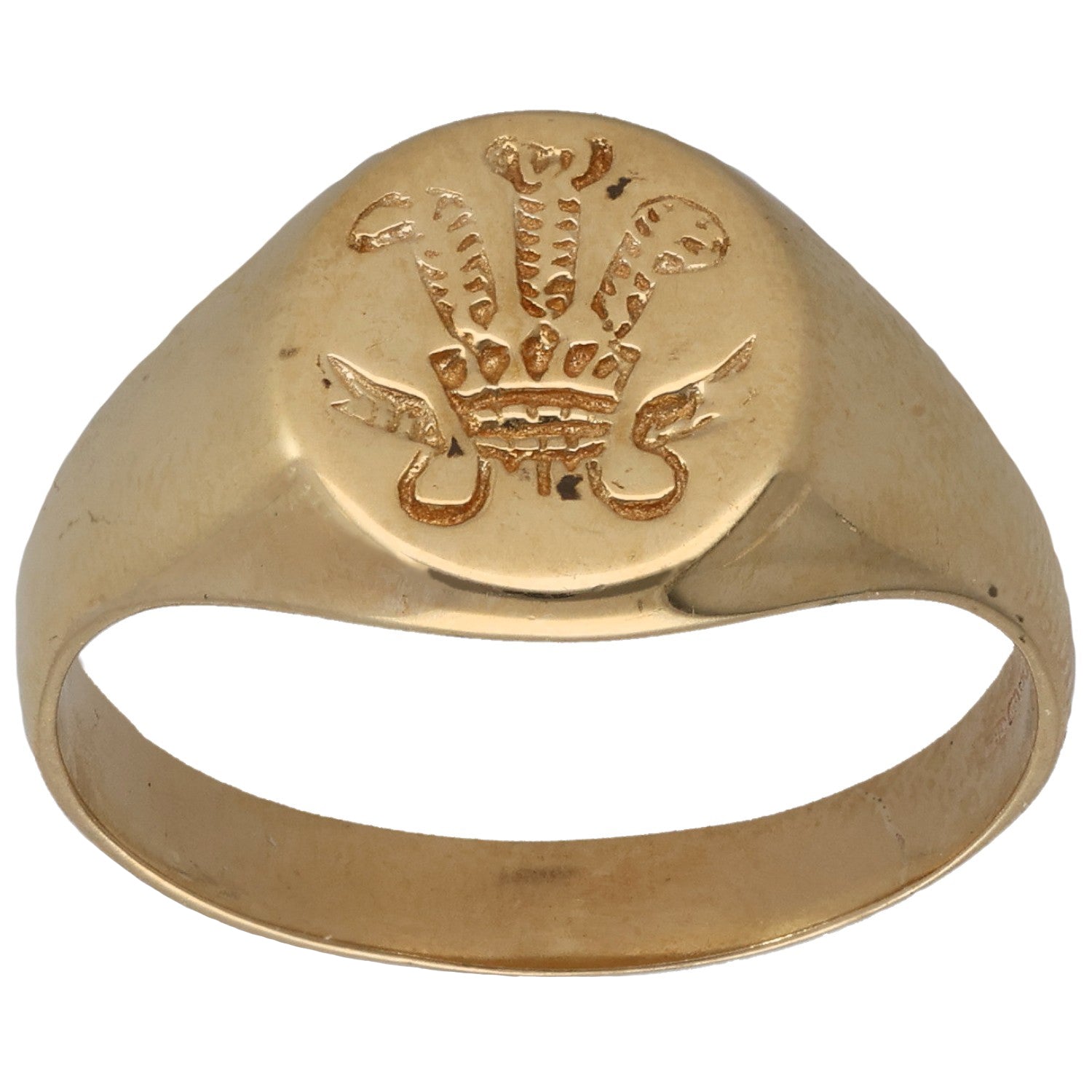 Gold-tone signet ring with engraved emblem on front face