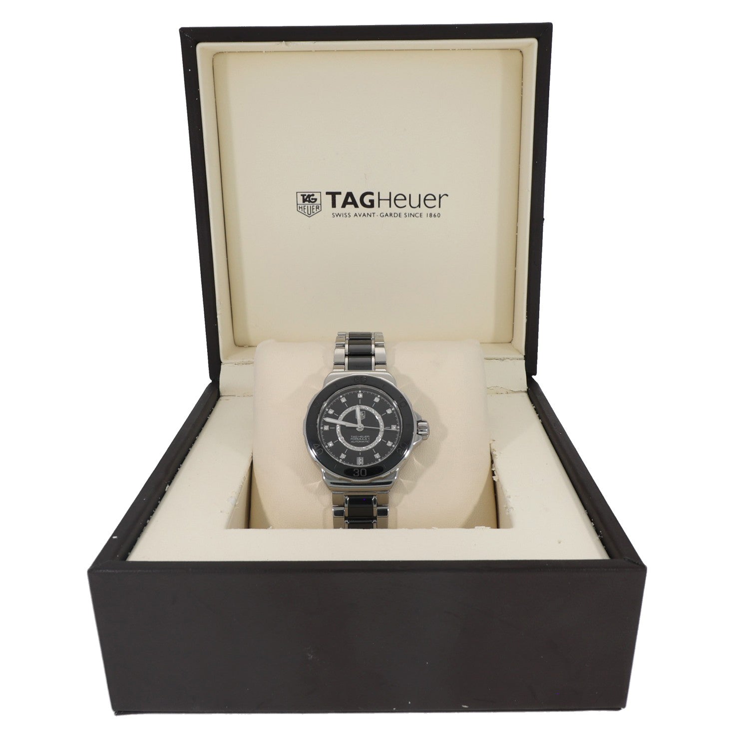 Tag Heuer Formula 1 WAU2210, black dial, stainless steel and ceramic, front image, box image