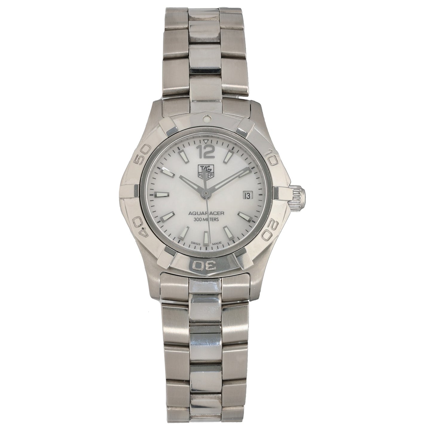 Stainless steel Tag Heuer Aquaracer WAF1414 watch with white dial, metal bracelet, date window