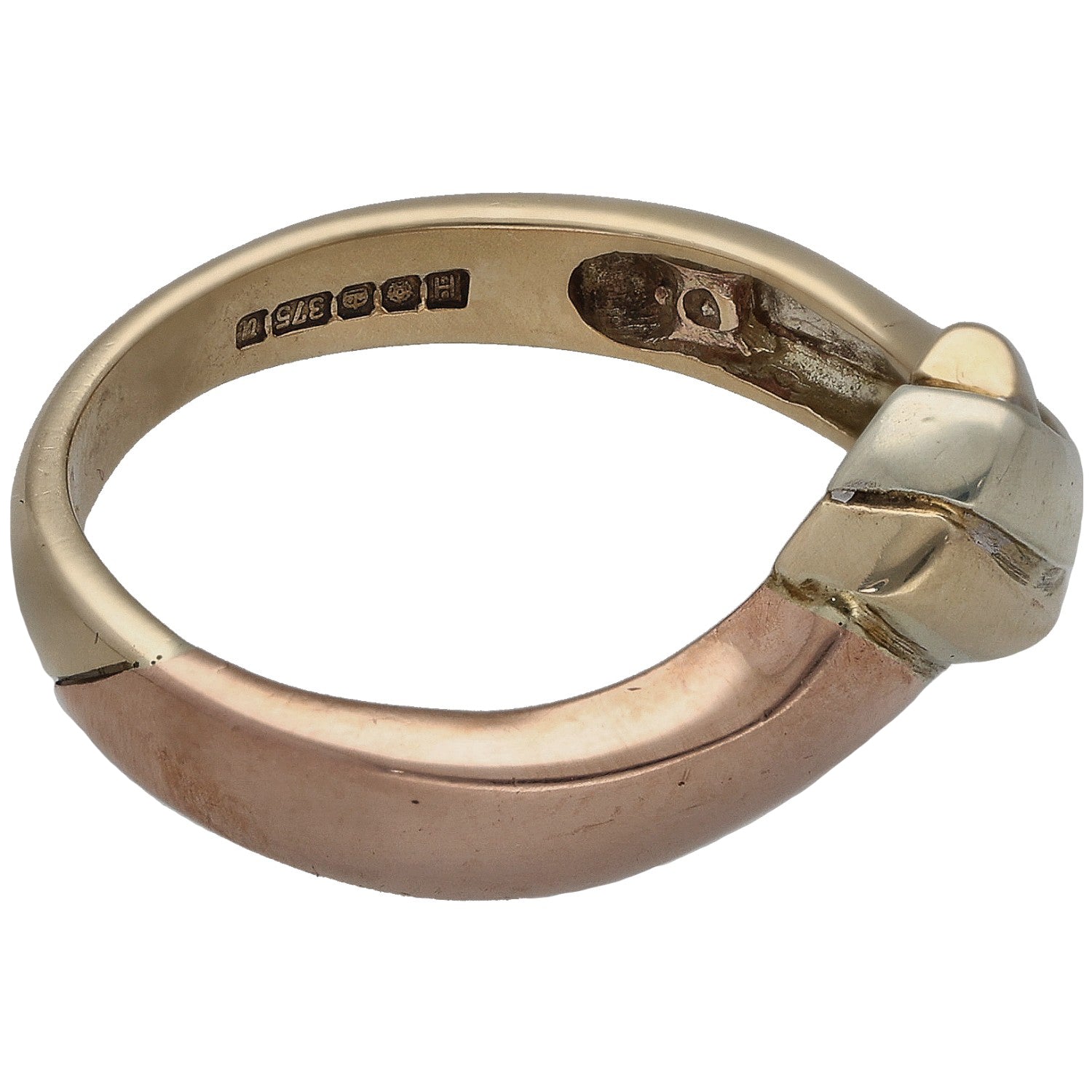 Tricolour gold wishbone ring, side view with hallmark stamp on inner band