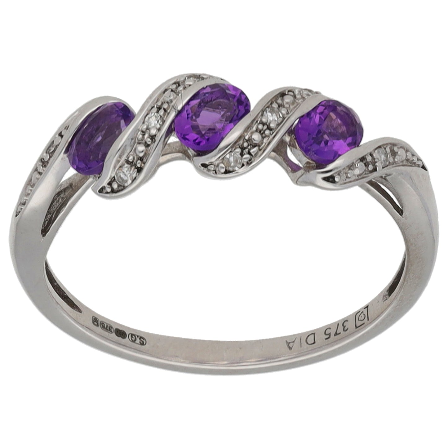9ct White Gold Amethyst & 0.04ct Diamond Dress/Cocktail Ring Size P
