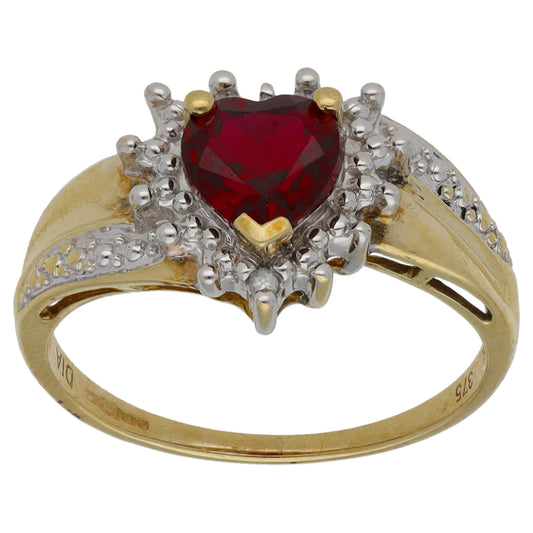 9ct Gold Man Made Ruby & 0.015ct Diamond Claddagh Ring Size L