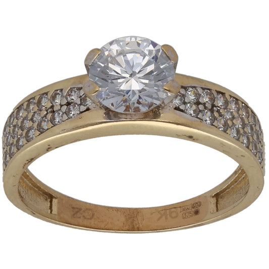 9ct Gold Cubic Zirconia Single Stone Ring With Accents Size P