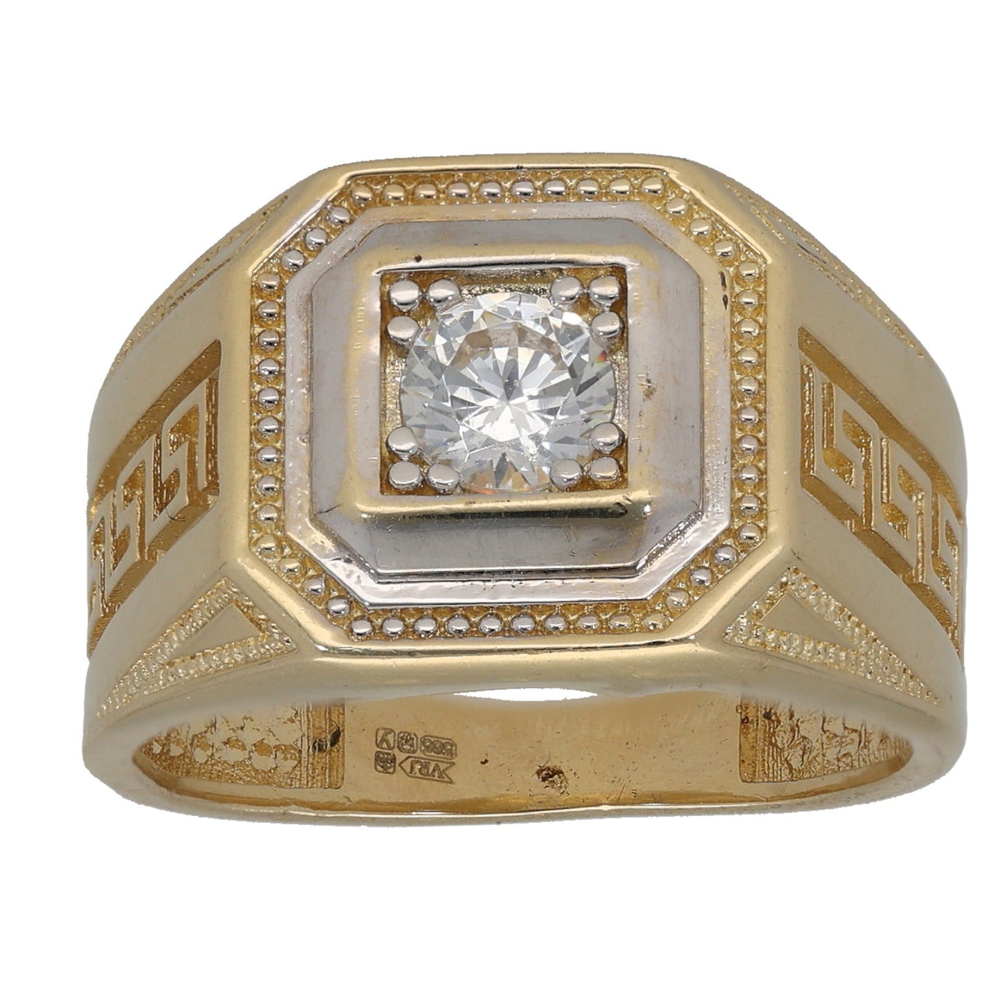 14ct Gold Cubic Zirconia Single Stone Patterned Signet Ring Size O