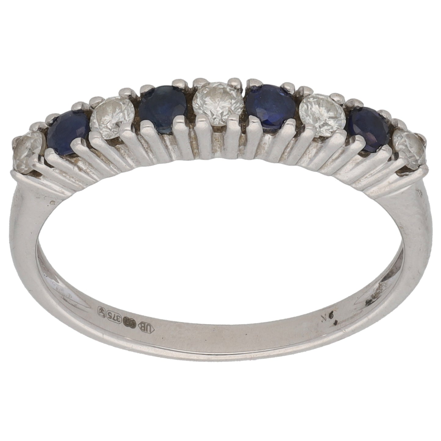 9ct White Gold Sapphire & 0.25ct Diamond Half Eternity Ring Size O