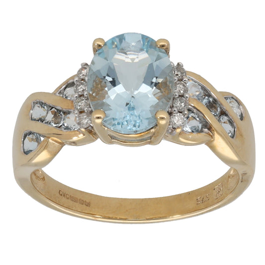 9ct Gold Aquamarine & 0.04ct Diamond Dress/Cocktail Ring Size N