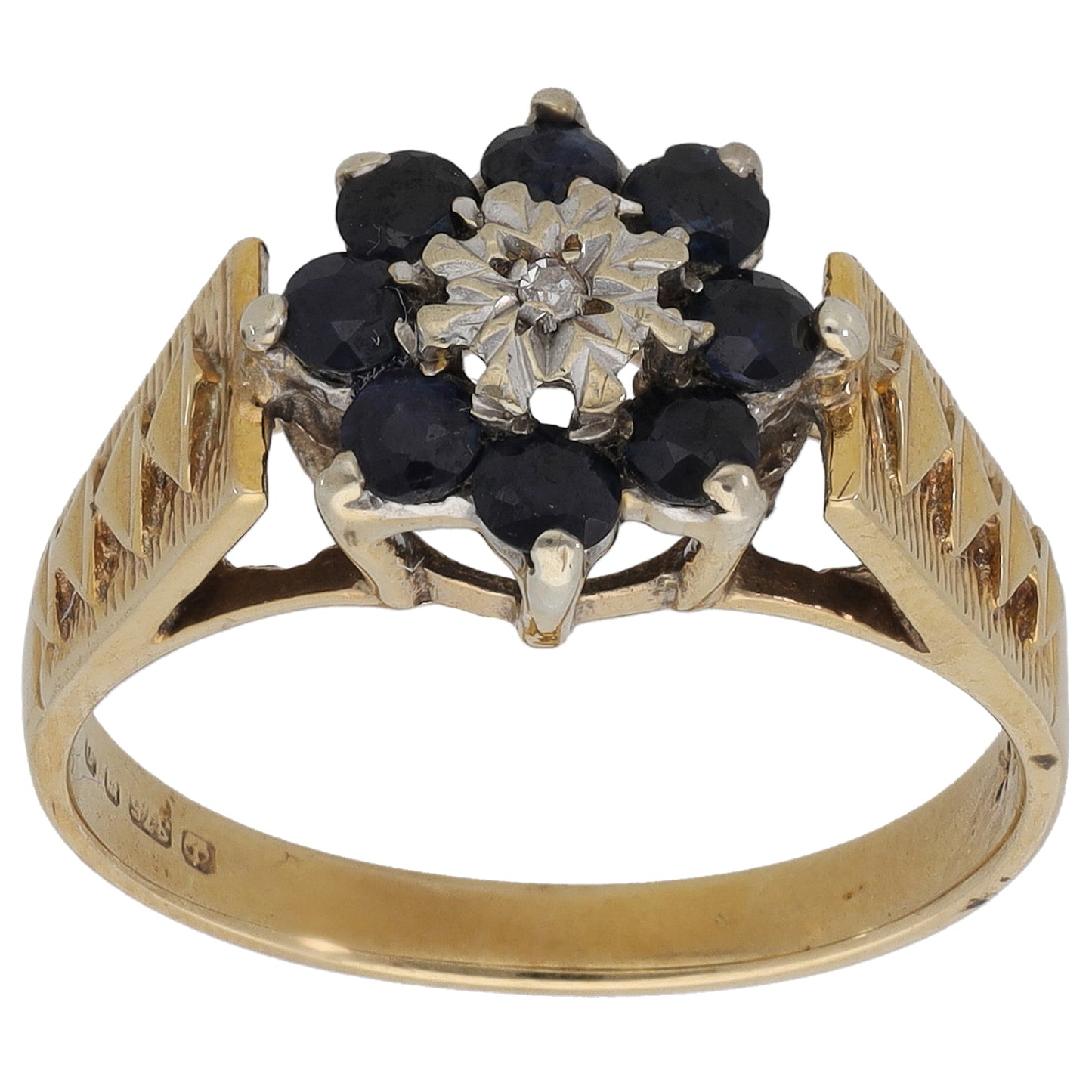 9ct Gold Sapphire & 0.01ct Diamond Cluster Ring Size O