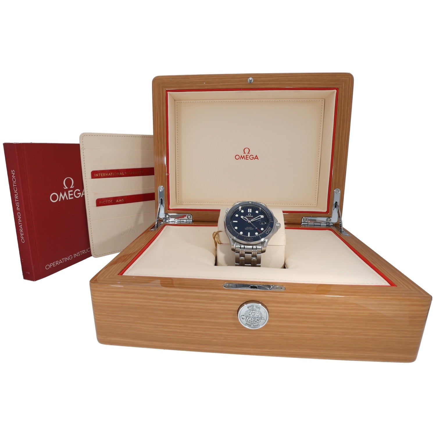 Omega Seamaster 212.30.41.20.03.001 stainless steel watch in wooden presentation box with blue dial