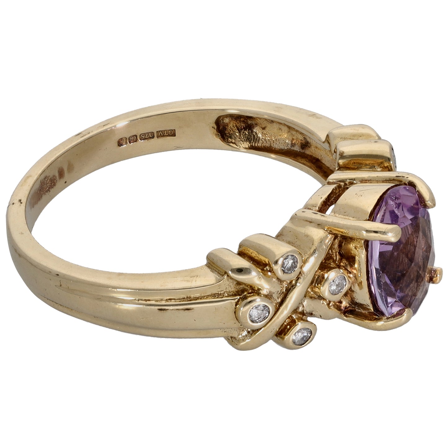 9ct Gold 0.08ct Diamond & Amethyst Single Stone Ring with Accent Stones Size N