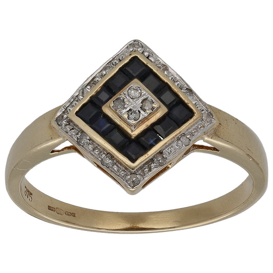 9ct gold cocktail ring with square sapphire center and diamond halo, size Q