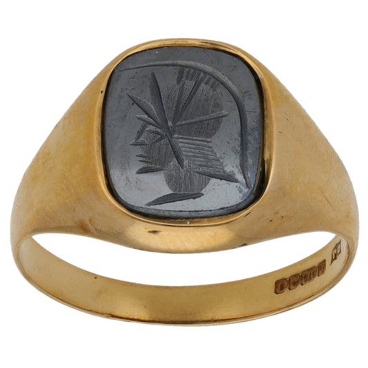 9ct Gold Hematite Crest/Emblem Single Stone Signet Ring Size S