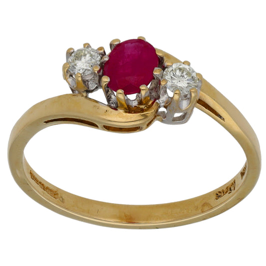 9ct Gold Ruby & 0.15ct Diamond Trilogy Ring Size O