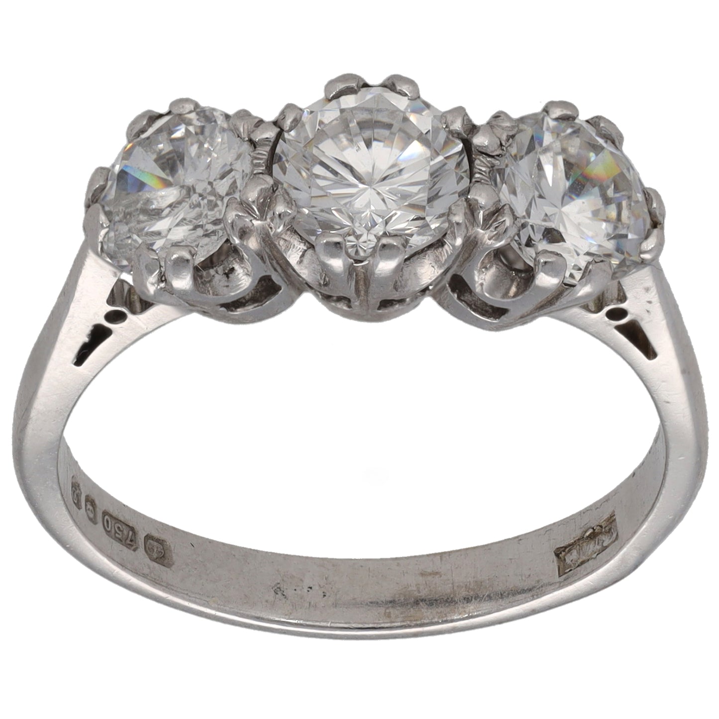 Three-stone CZ ring in white gold tone with three round clear stones