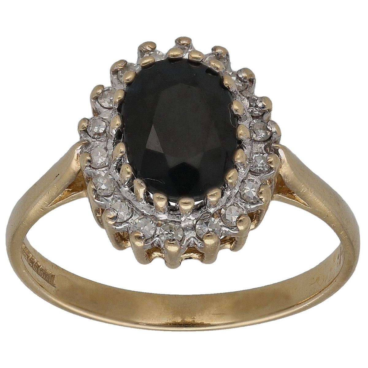 9ct gold cocktail ring with oval dark sapphire and diamond halo, size M