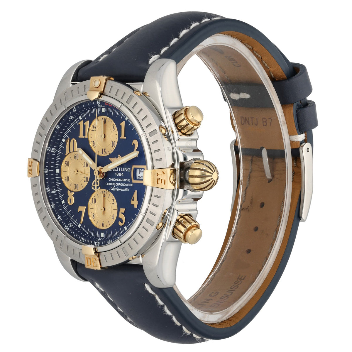 Breitling Vintage b13356 Stainless steel chronograph watch side view, blue dial, gold accents, navy leather strap