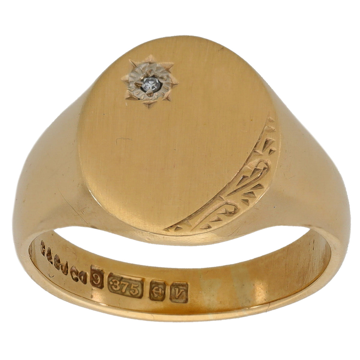 9ct Gold 0.005ct Diamond Patterned Single Stone Signet Ring Size Q