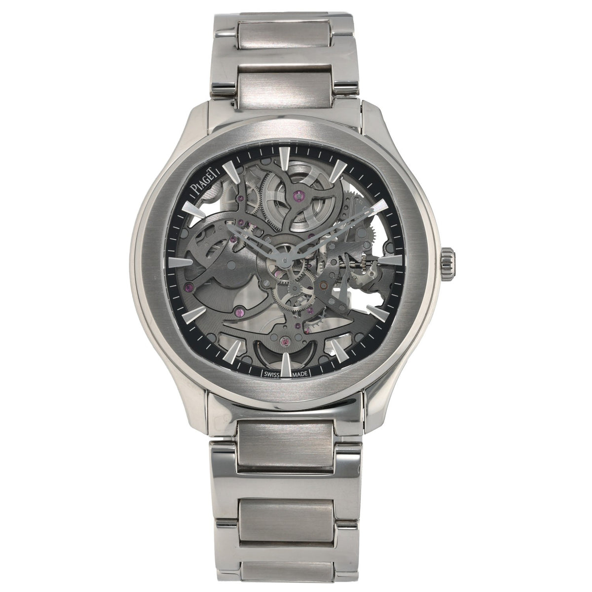 Piaget Polo Skeleton G0A45001, skeleton dial with stainless steel case and bracelet with crown.