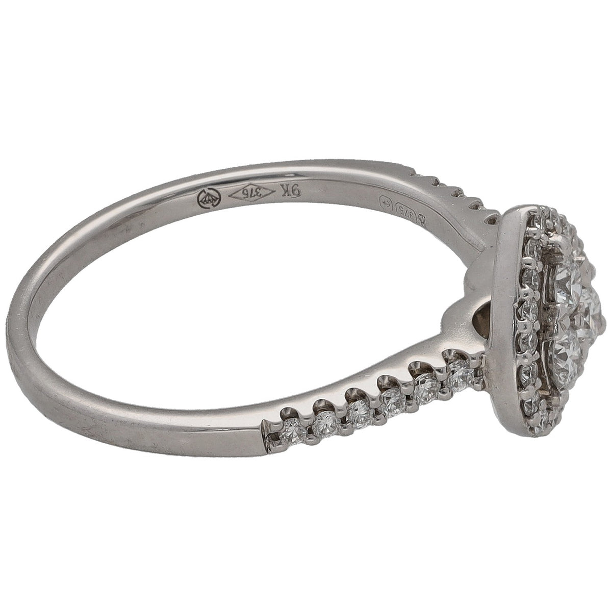 9ct white gold diamond cluster ring, side view