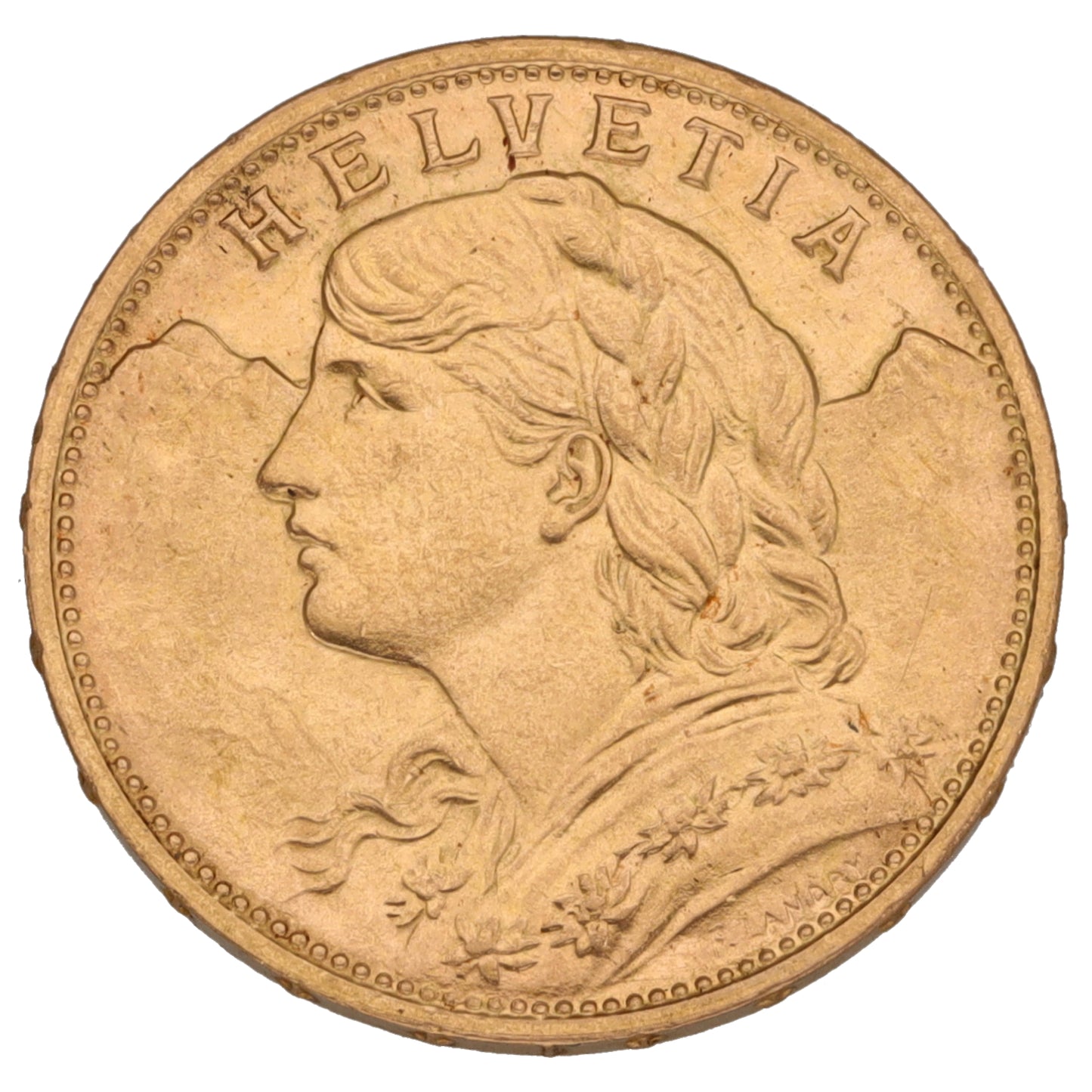 22ct Gold Helvetia Swiss 20 Francs Coin 1915