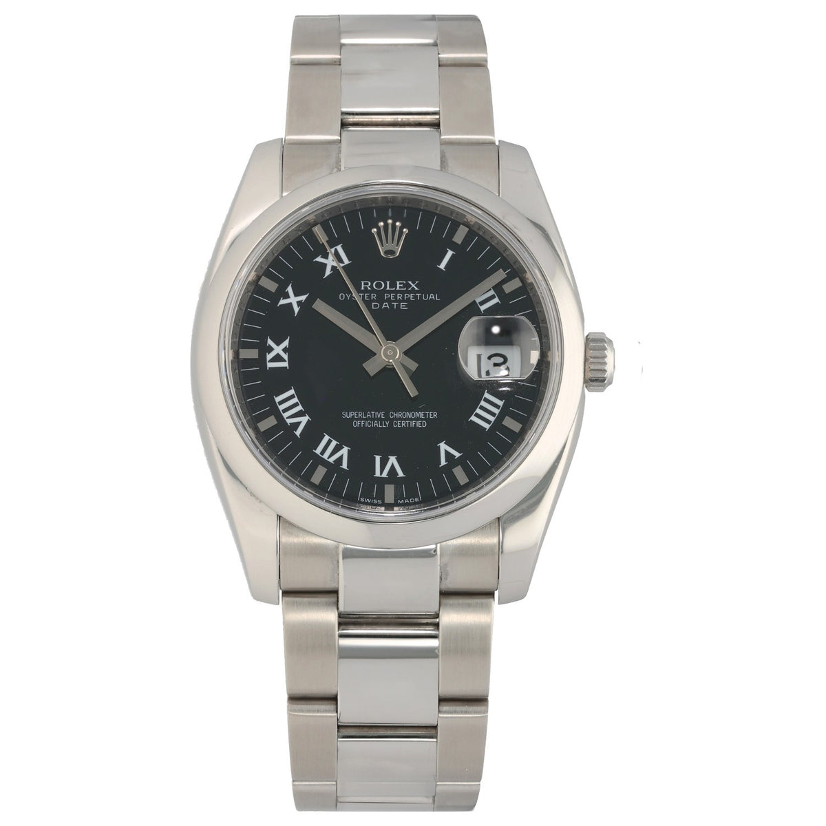 Rolex Date 115200, black dial in 34mm stainless steel case and Oyster bracelet