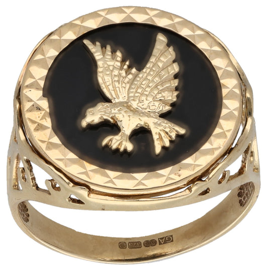 9ct Gold Onyx Patterned Signet Ring Size Y