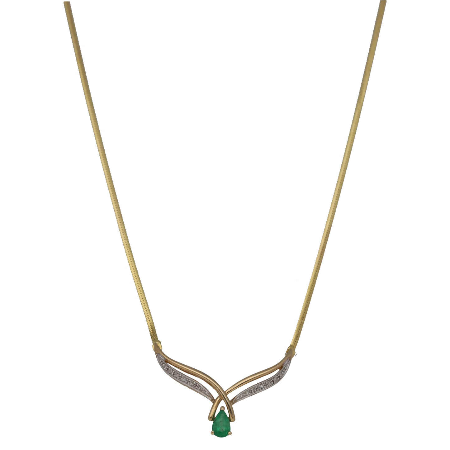 9ct gold necklace with emerald teardrop pendant and round diamond accents