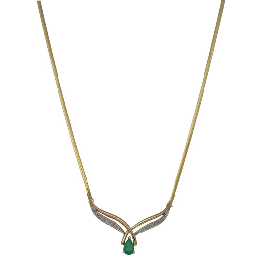 9ct gold necklace with emerald teardrop pendant and round diamond accents