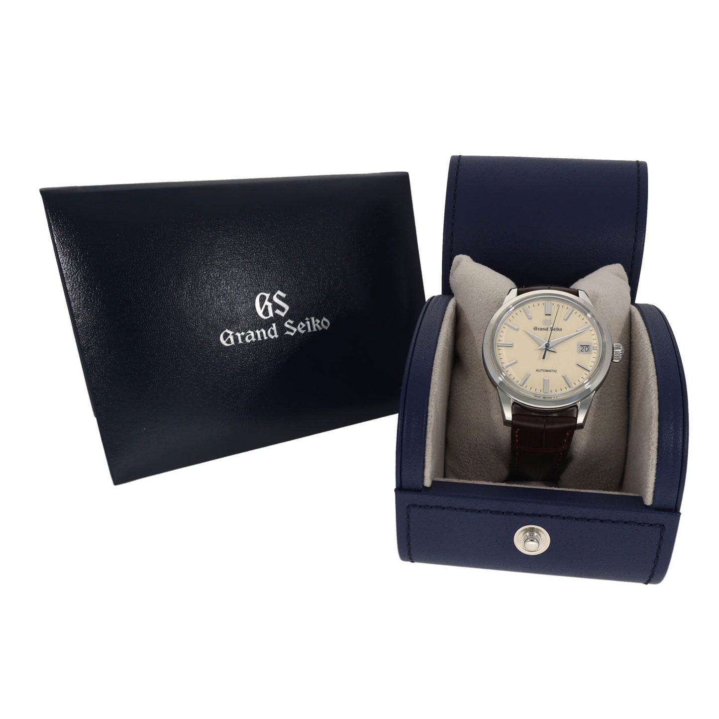 Grand Seiko Elegance Collection 9S65-00D0, cream dial with silver hour markers and brown adjustable leather bracelet, box image
