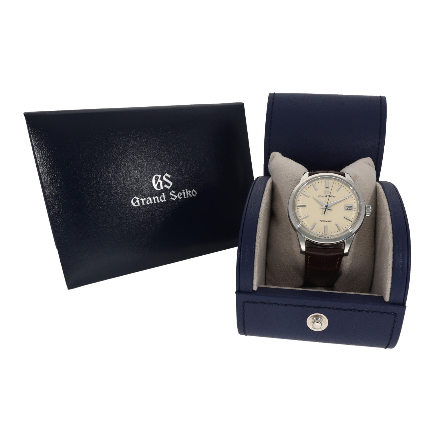 Grand Seiko Elegance Collection 9S65-00D0, cream dial with silver hour markers and brown adjustable leather bracelet, box image