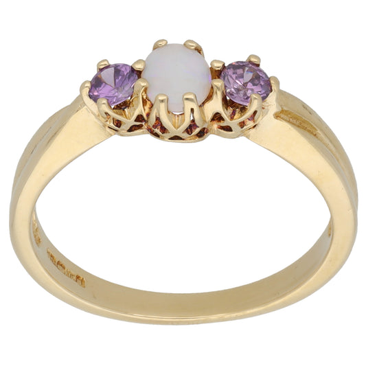 9ct Gold Opal & Amethyst Trilogy Ring Size N