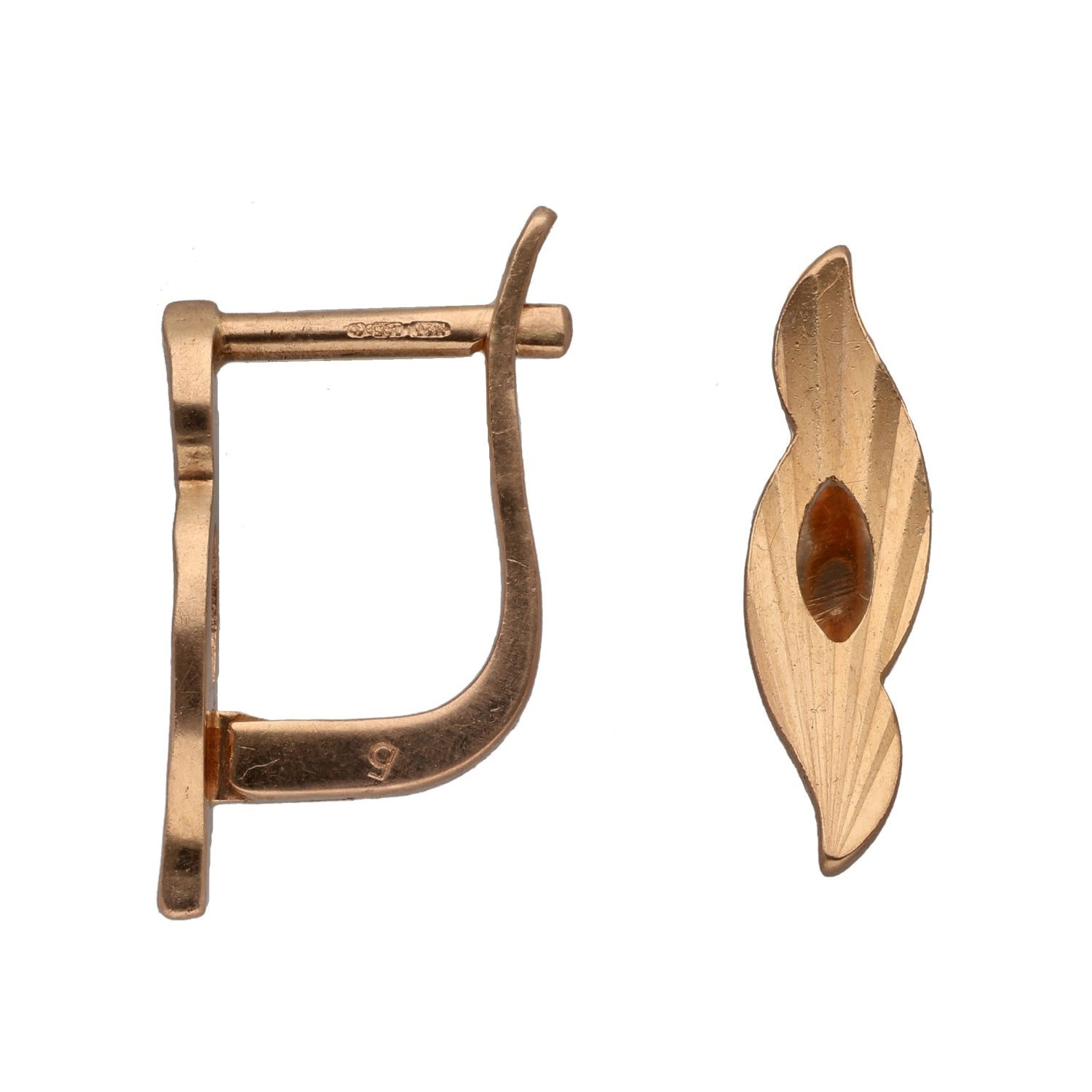 Rose gold alternative hoop earrings with leaf-shaped drop and amber center