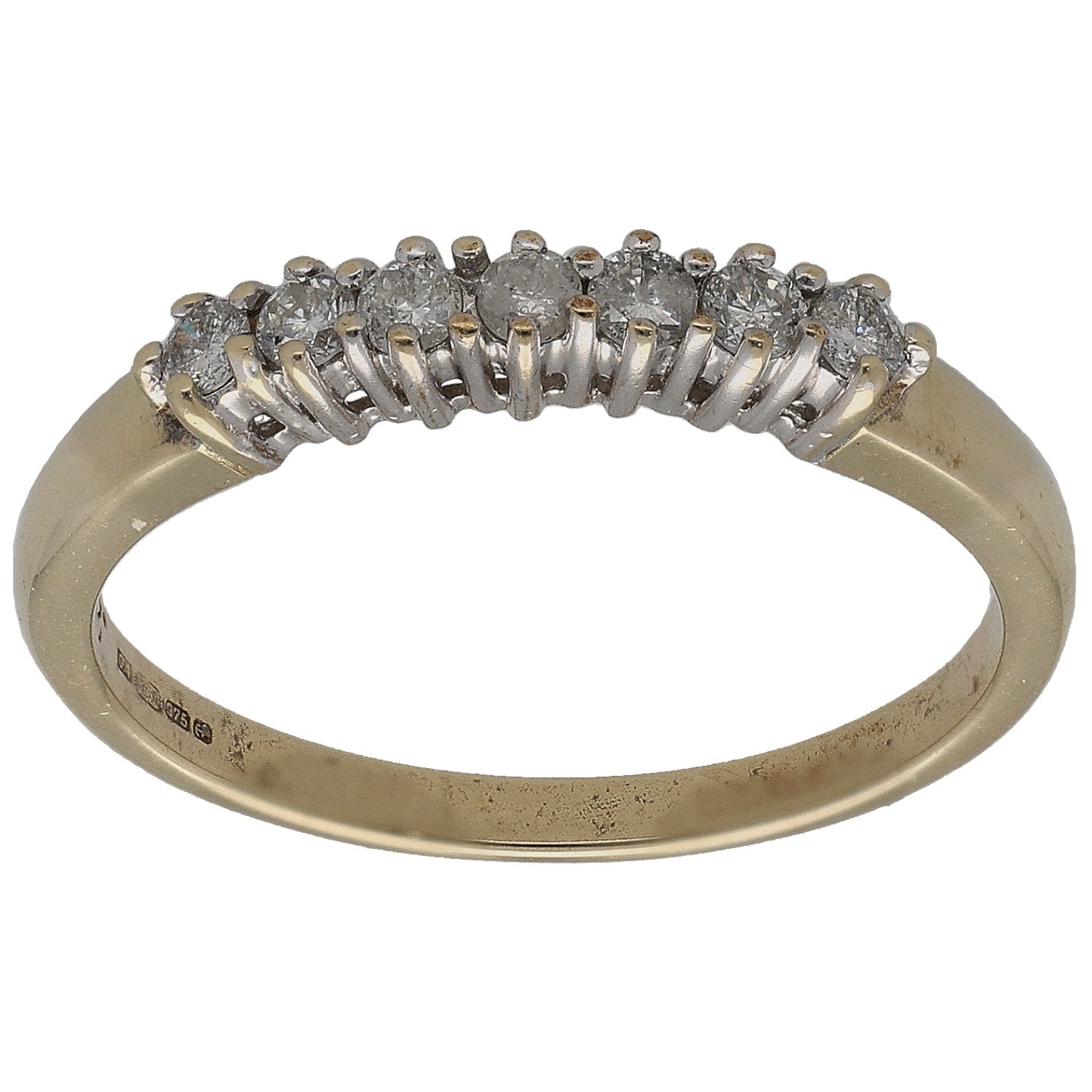 Gold half eternity ring with round diamonds in prong-set rows across the top
