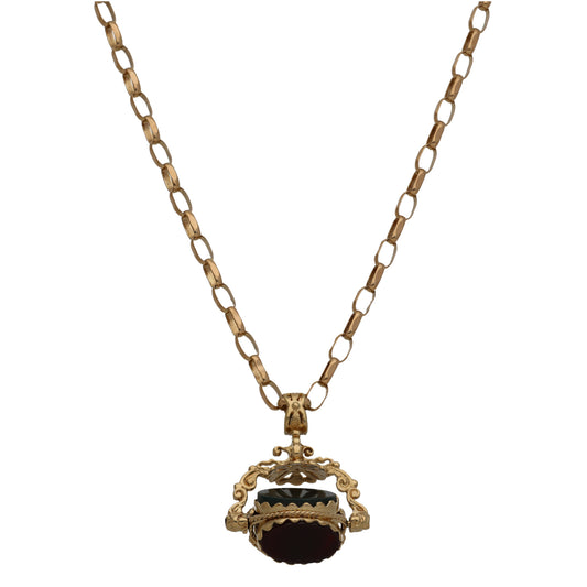 9ct Gold Bloodstone & Carnelian & Onyx Fob Pendant With Chain