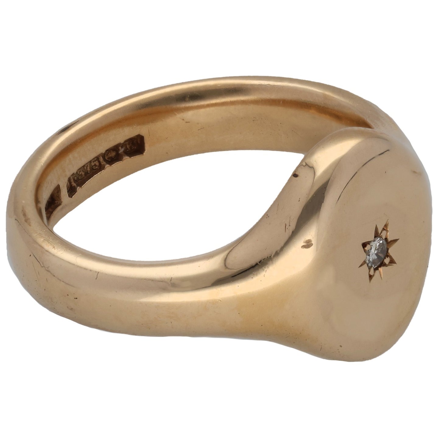 9ct Gold 0.03ct Diamond Plain Single Stone Signet Ring Size U