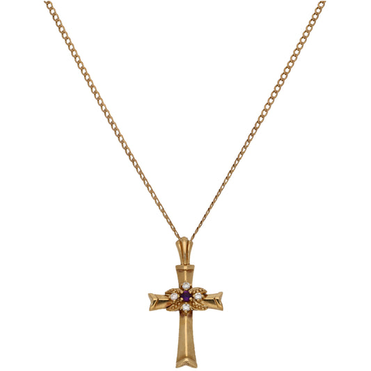 9ct Gold Amethyst & Cubic Zirconia Cross Pendant With Chain
