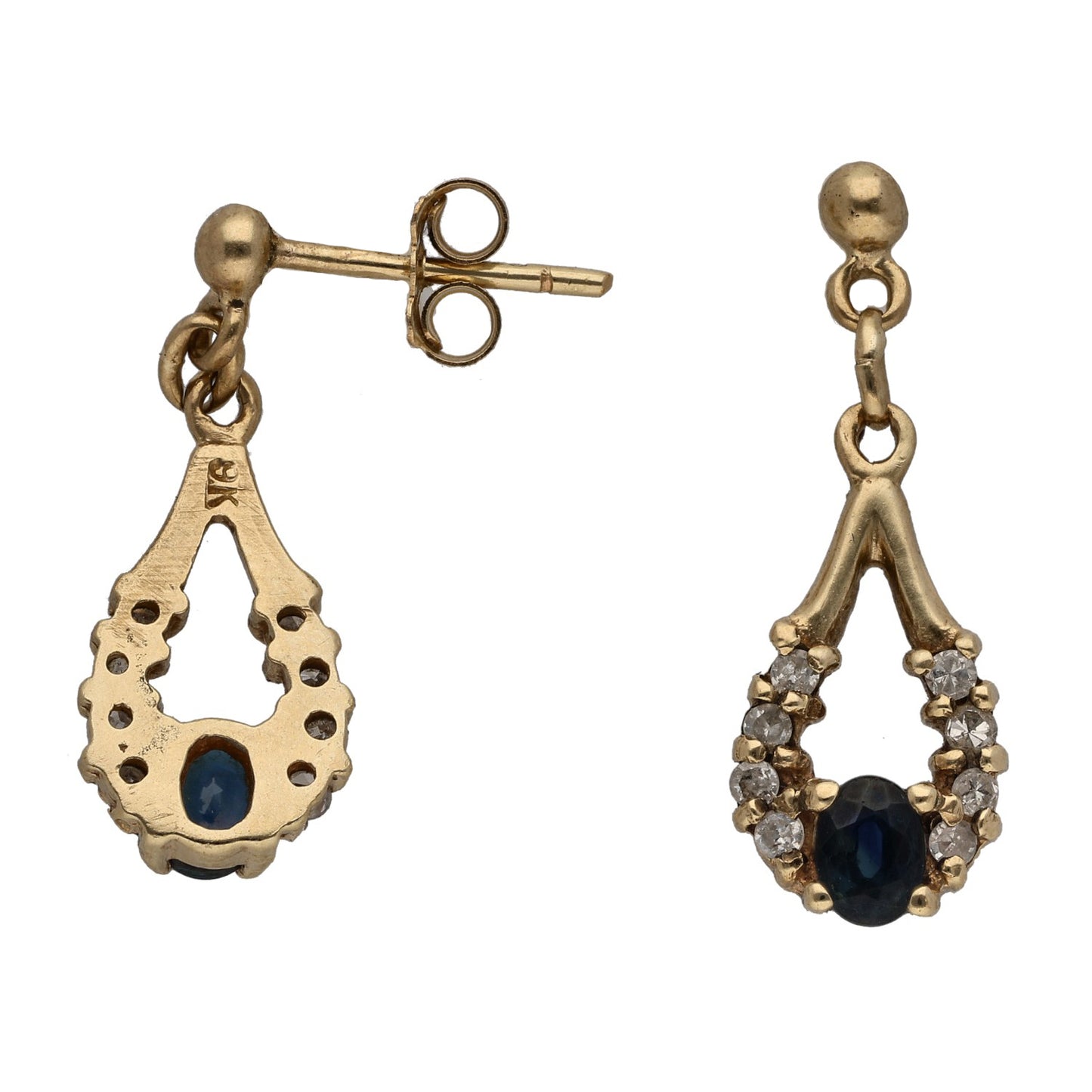 9ct Gold Sapphire & 0.16ct Diamond Drop Earrings