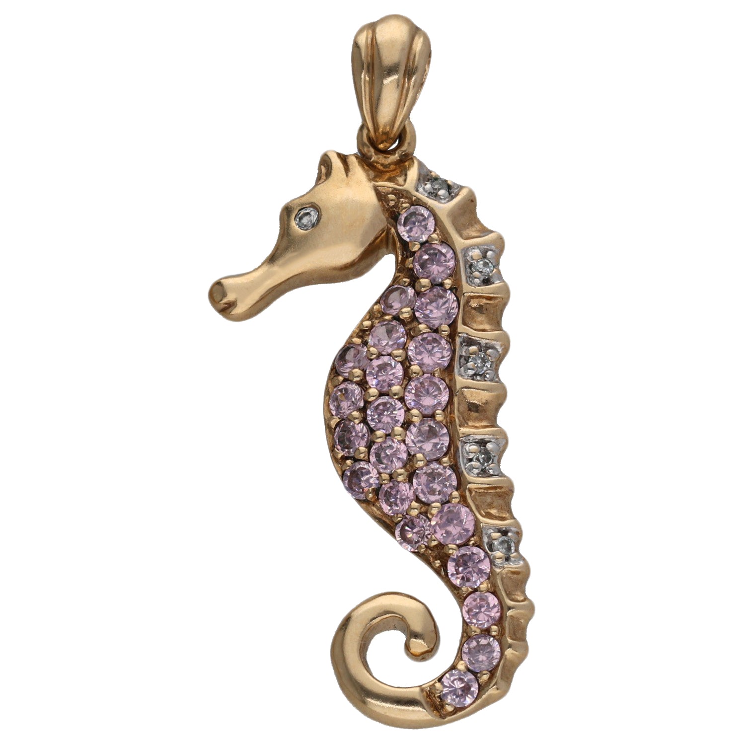 9ct gold CZ seahorse pendant with purple crystal stones and bail loop