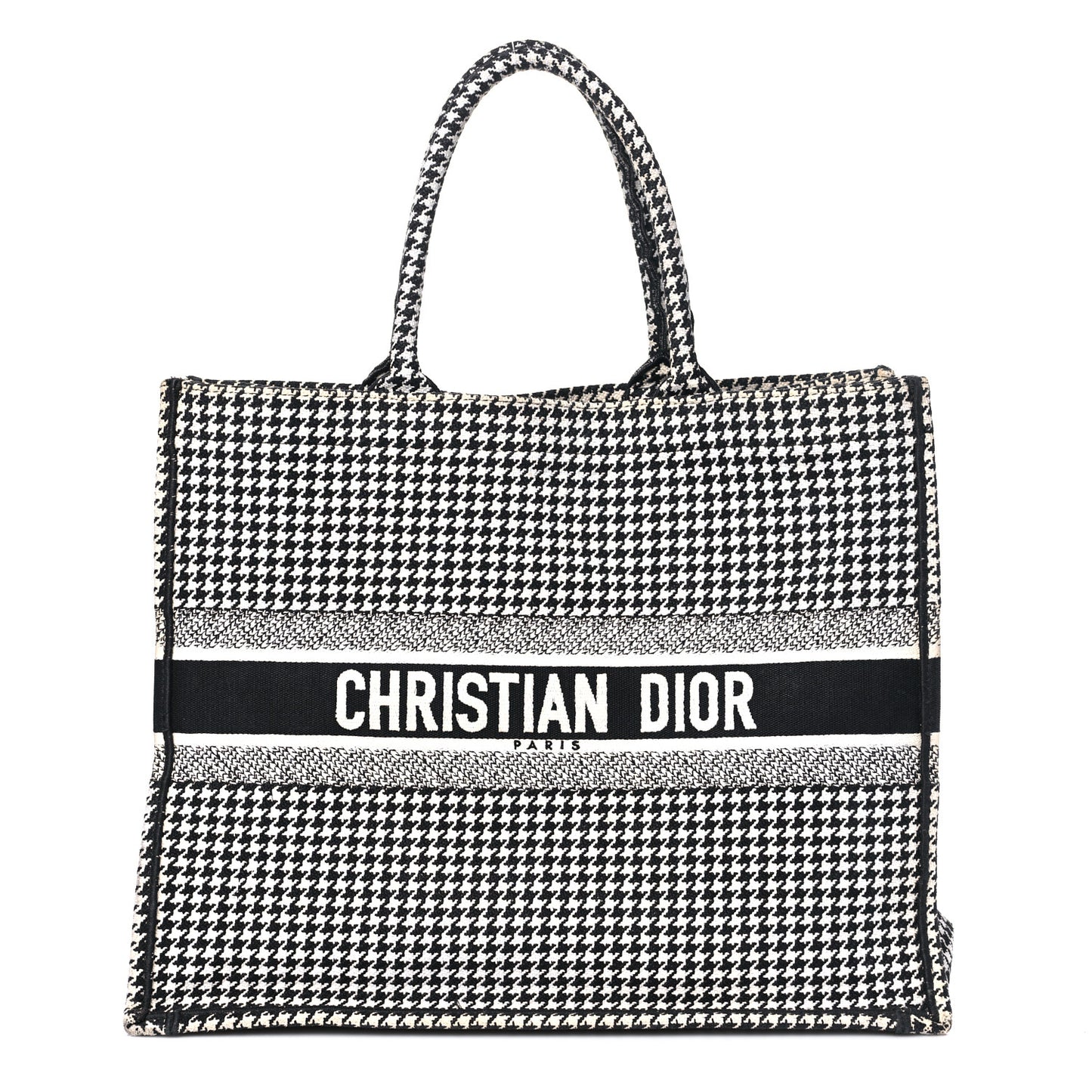 Christian Dior Book Tote Houndstooth Embroidered Canvas Bag - Black & White