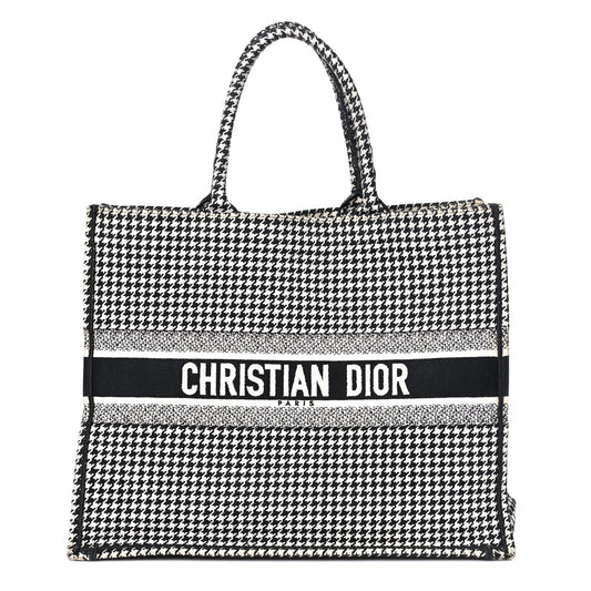 Christian Dior Book Tote Houndstooth Embroidered Canvas Bag - Black & White